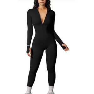 Glamaker Lucky Label Ribbed Knit Jumpsuit Women L Black Stretchy Catsuit Layer